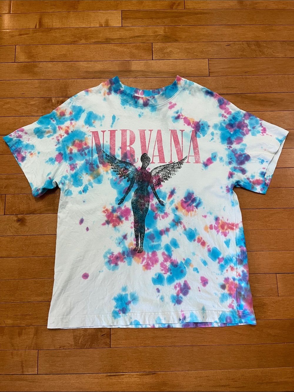 NIRVANA Tie-Dye Angel Logo Tee - White with Blue & Pink
